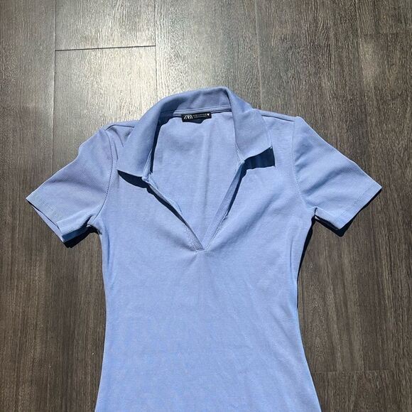 Zara Purple Ribbed Polo Collared V-neck Dress - Picture 4 of 8